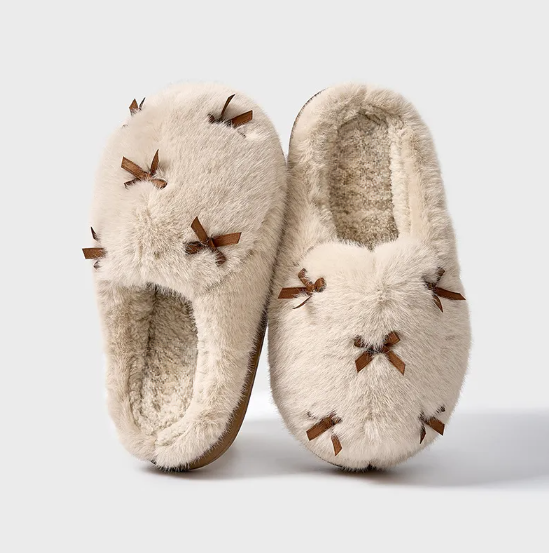 Cozy Beige Bow Slippers